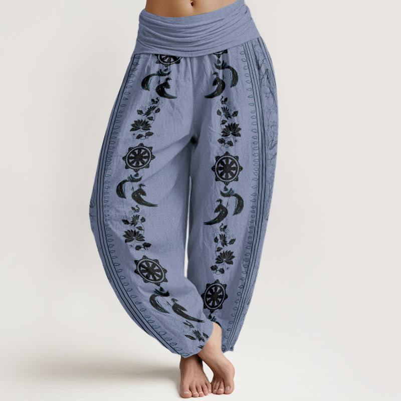 Buddha Stones Cotton Dharma Wheel Lotus OM Pattern Women's Elastic Waist Harem Pants